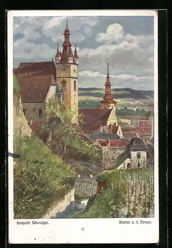 Künstler-AK Leopold Schweiger: Krems a. d. Donau, Ortsansicht mit Kirche