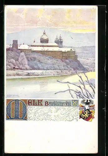 Künstler-AK Melk, Benediktiner Stift über das Wssser hinweg betrachtet