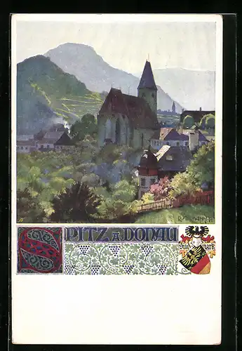 Künstler-AK R. Assmann: Spitz, Panorama, Wappen