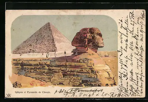 Künstler-AK Gizeh, Sphynx et Pyramide de Cheops