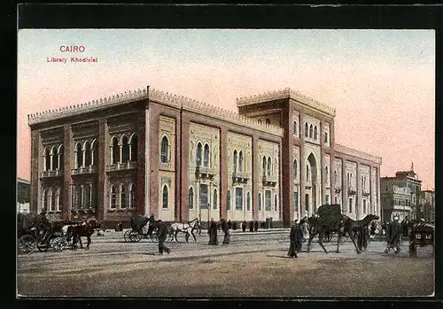 AK Kairo, Bibliothèque Khédivial mit Kutschen
