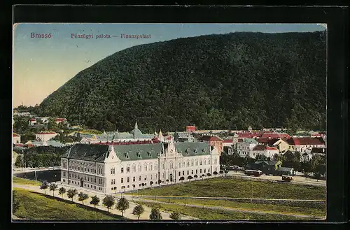 AK Brassó, Finanzpalast mit Ortsblick aus der Vogelschau
