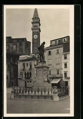AK Pirano, Monumento a Tartini mit Restaurant und Kirchturm