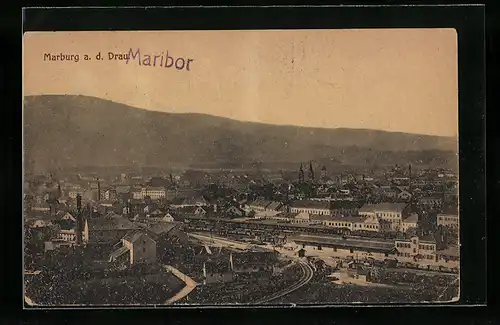 AK Marburg a. d. Drau, Ortsansicht mit Bergpanorama aus der Vogelschau
