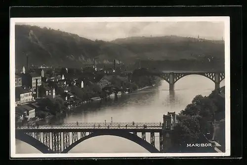 AK Maribor, Teilansicht mit Brücken aus der Vogelschau