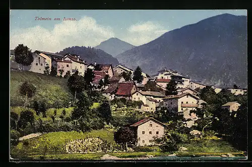 AK Tolmein am Isonzo, Ortsansicht aus der Vogelschau