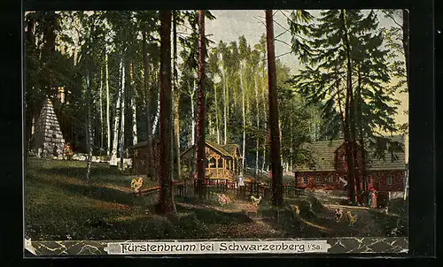 AK Fürstenbrunn, Waldidylle mit Köhlerhaus und Denkmal