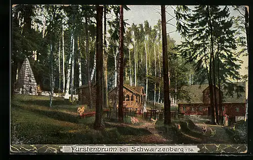 AK Fürstenbrunn, Waldidylle mit Köhlerhaus und Denkmal