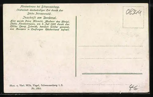 AK Fürstenbrunn, Waldidylle mit Köhlerhaus und Denkmal