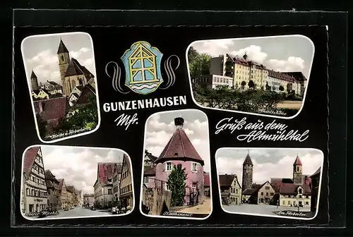 Passepartout-AK Gunzenhausen /Mfr., Storchennest, Hensoltshöhe, Am Färbertor, Wappen