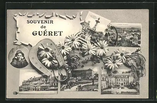 AK Guéret, Vue Générale, le Préfecture, Musée, Hufeisen & Frauenportrait