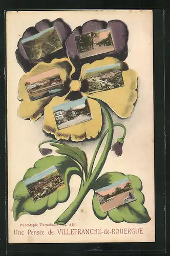 AK Villefranche-de-Rouergue, Ortsansichten und Ortspartien im Passepartout verziert mit einer Blume