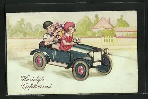 AK Kleine Gratulanten mit Blumenstrauss fahren im Auto vor
