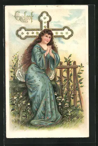 Präge-AK Allegorie, Geloof, junge Frau im Gebet