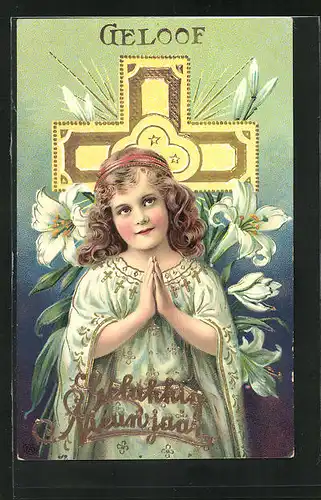 Präge-AK Allegorie, Geloof, kleines Mädchen betend, Neujahrsgruss