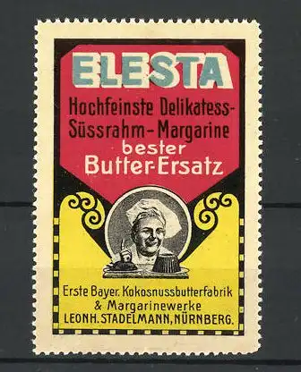 Reklamemarke Elestra hochfeinste Delikatess-Margarine, Leonh. Stadelmann, Nürnberg, Bäcker mit Kuchen