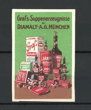 Reklamemarke Graf's Suppenerzeugnisse, Diamalt AG München, verschiedene Suppenwürzen