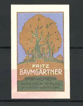Reklamemarke Adressen-Verlag Fritz Baumgärtner, Ansicht eines alten Baumes