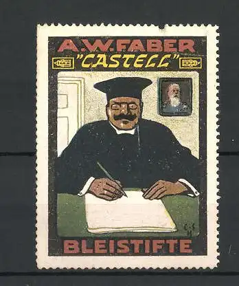 Künstler-Reklamemarke Castell Bleistifte, A. W. Faber, Professor am Schreibtisch