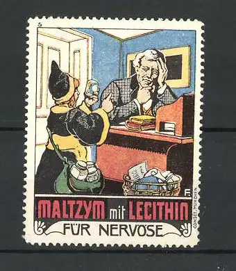 Künstler-Reklamemarke Maltzym mit Lecithin für nervöse, Münchner Kindl ginbt einem Professor eine Dose