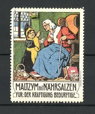 Künstler-Reklamemarke Maltzym mit Nährsalzen für der Kräftigung Bedürftige, Münchner Kindl versorgt eine alte Frau