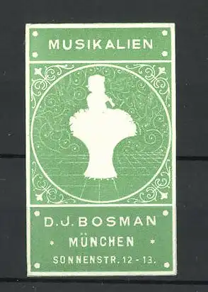 Präge-Reklamemarke Musikalien von D. J. Bosmann, Sonnenstr. 12-13, München, Kind spielt Flöte
