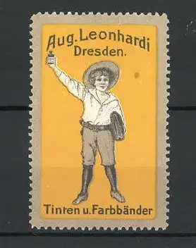 Reklamemarke Tinten und Farbbänder von Aug. Leonhardi, Dresden, Knabe mit Tintenfass und Schultasche