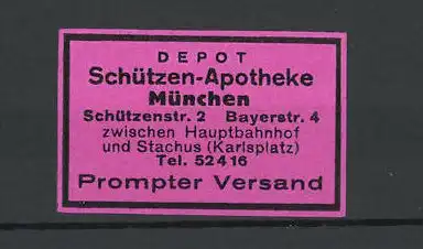 Reklamemarke Schützen-Apotheke, Schützenstr. 2, München