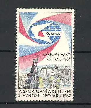 Reklamemarke Karlovy Vary, V. Sportovni a Kulturni Slavnosti Spojaru 1967, Stadtansicht