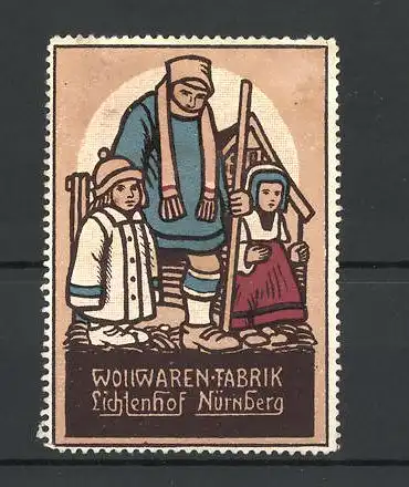 Reklamemarke Wollwaren-Fabrik Lichtenhof, Nürnberg, Vater mit seinen zwei Kindern