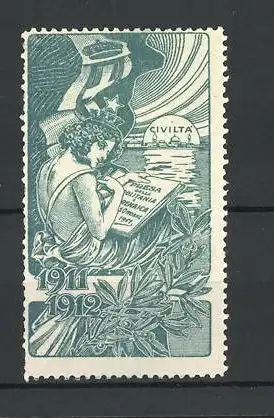 Reklamemarke Civilta, Pressa de la Politanie 1911 /1912, adlige Dame macht Notizen, Fahne Italien, grün