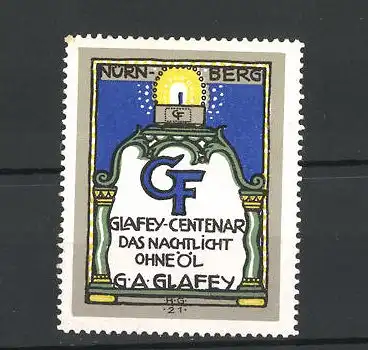 Reklamemarke Das Nachtlicht ohne Öl, G. A. Glafey, Nürnberg, brennende Kerze auf einer Säule stehend