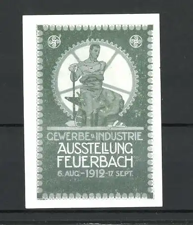 Reklamemarke Feuerbach, Gewerbe-und Industrie-Ausstellung 1912, Schmied mit Amboss, grün
