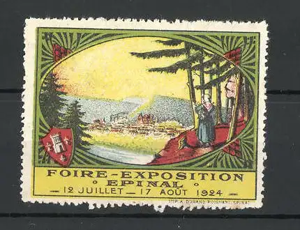 Reklamemarke Epinal, Foire-Exposition 1924, Landschaftsbild mit Wappen