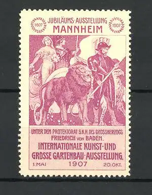 Reklamemarke Mannheim, Internationale Kunst-und grosse Gartenbau-Ausstellung 1907, Streitwagen mit Löwe und Adler, rot