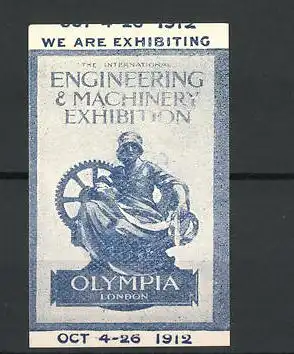 Reklamemarke London, Engineering 6 Machinery Exhibition Olympia 1912, Statue mit Zahnrad