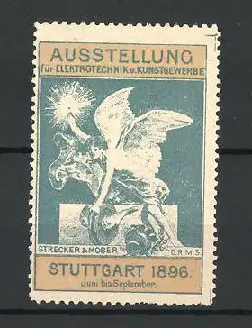 Reklamemarke Stuttgart, Ausstellung für Elektrotechnik und Kunstgewerbe 1896, Engel mit Licht, grün