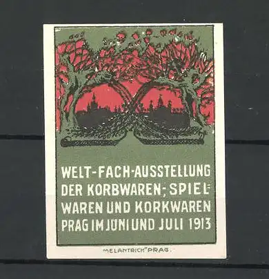 Reklamemarke Prag, Welt-Fach-Ausstellung der Korbwaren-, Spielwaren und Korkwaren 1913, Ortsansicht