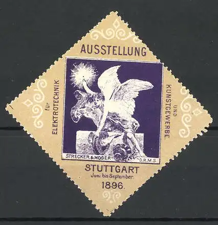 Reklamemarke Stuttgart, Ausstellung für Elektrotechnik und Kunstgewerbe 1896, Engel mit geflügelten Rad, lila