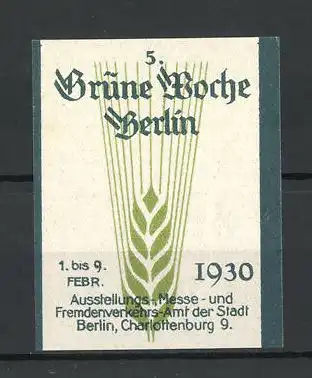 Reklamemarke Berlin, 5. Grüne Woche 1930, Getreideähre