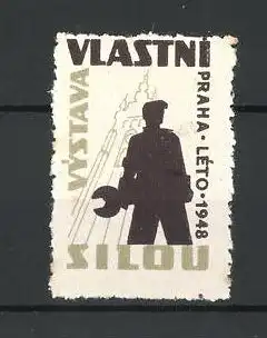 Reklamemarke Prag-Praha, Vystava Vlastini Silou 1948, Männer-Silhouette vor Kirchturm