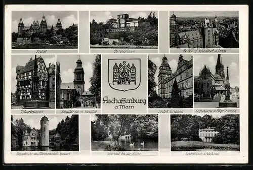 AK Aschaffenburg, Schloss, Sandkirche, Schönbusch Schlösschen, Pilgerbrunnen, Pompejanum