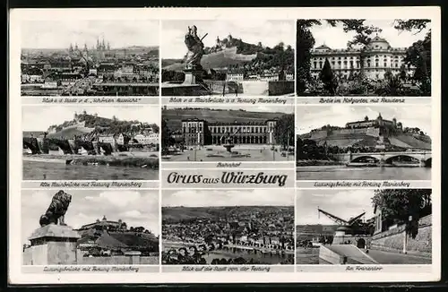 AK Würzburg, Bahnhof, Ortsansicht von der Schönen Aussicht, Kranentor