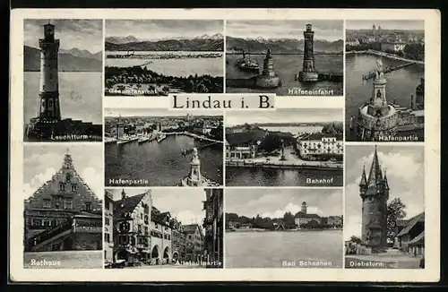 AK Lindau i. B., Leuchtturm, Bahnhof, Hafenpartie