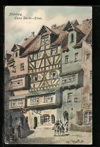 AK Nürnberg, Hans-Sachs-Haus, Strassenszene mit Mönch