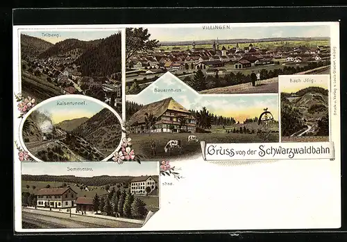 Lithographie Villingen, Ortsansicht, Triberg, Sommerau, Kaisertunnel