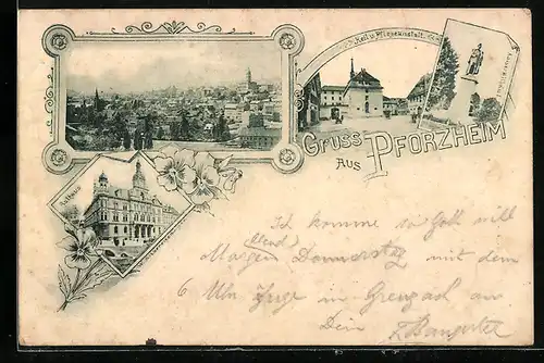 AK Pforzheim, Am Rathaus, Heil u. Pflegeanstalt, Ortsansicht