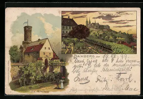Lithographie Bamberg, Michaelsberg vom Residenzgarten, Die Altenburg