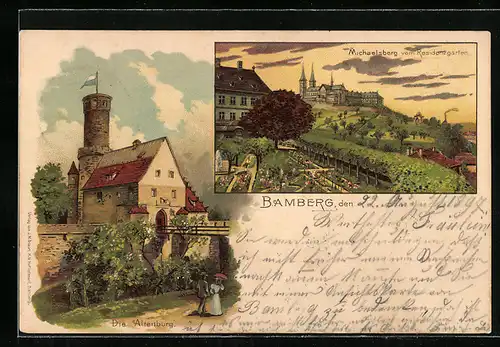 Lithographie Bamberg, Michaelsberg vom Residenzgarten, Die Altenburg