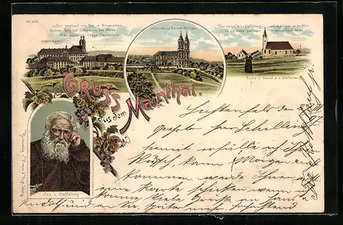 Lithographie Bad Staffelstein, Schloss Banz, Wallfahrtskirche Vierzehn Heiligen, Porträt Ivo v. Staffelberg